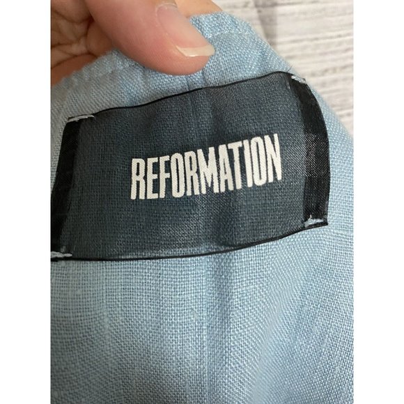 Reformation Women’s Off The Shoulder Tie Top Blouse Shirt Size Small Blue Linen - Picture 3 of 4